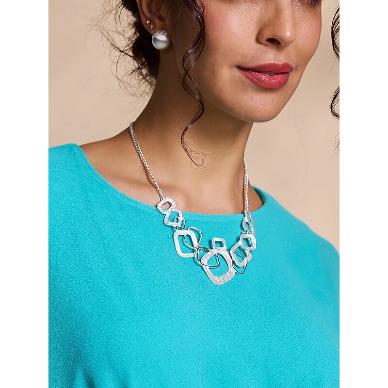 Women's Geometric Silver Statement Necklace and Earrings Set – Modern Hammered Metal Jewelry for Parties and Formal Events2