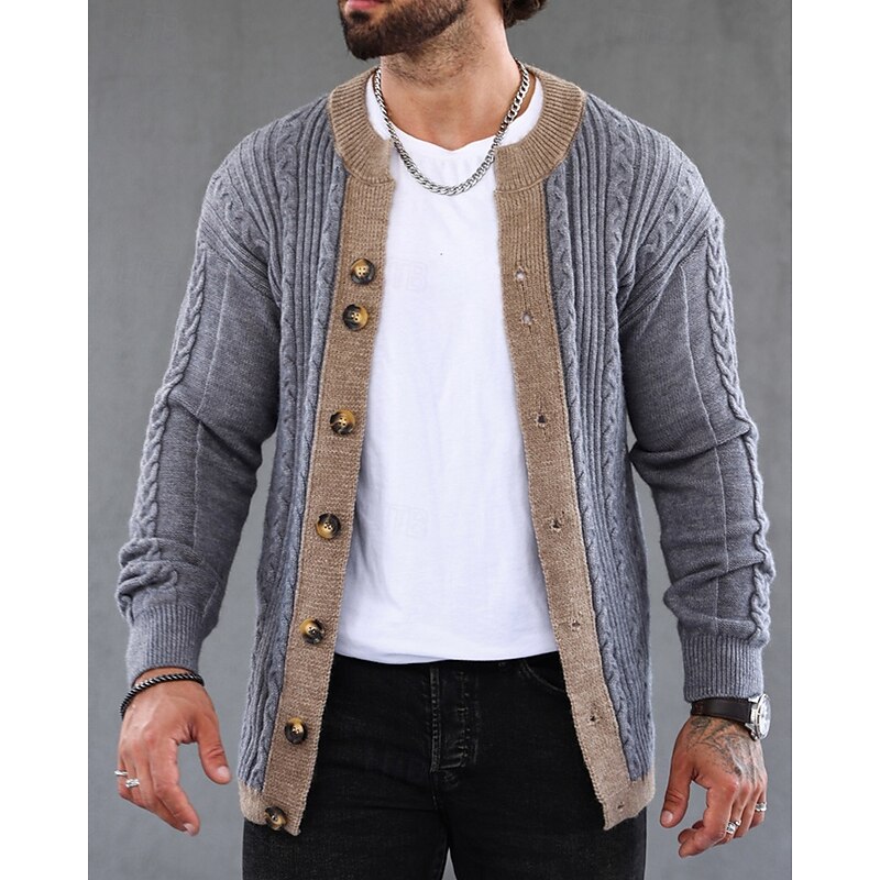 Men's Cropped  Sweater Cardigan Sweater Knit Sweater Ribbed Knit Regular Patchwork Side Pockets Color Block V Neck Fashion Classic Daily Wear Date Clothing Apparel Fall & Winter Gray M L XL4