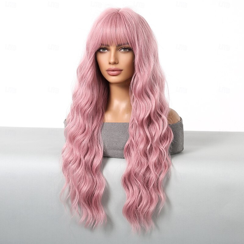 Synthetic Wig Uniforms Career Costumes Princess Curly Wavy Middle Part Layered Haircut With Bangs Machine Made Wig 26 inch Pink+Red Synthetic Hair Women's Cosplay Party Fashion Pink3