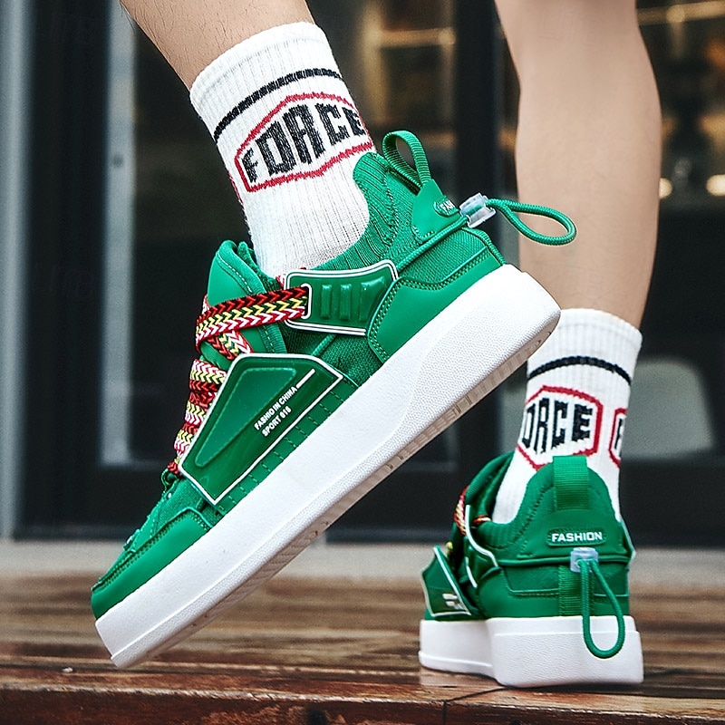 Men's Green High-Top Sneakers with Multicolor Laces and Velcro Strap – Stylish Casual Sport Shoes for Streetwear and Everyday Use 9