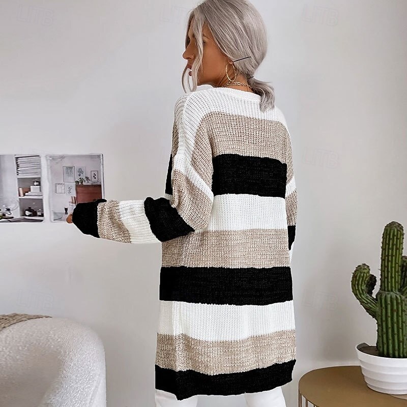 Women's Cardigan Fashion Daily Casual Striped Print Open Front Knitted Long Sleeve Long Tops Knit Work Black Gray Fall Winter