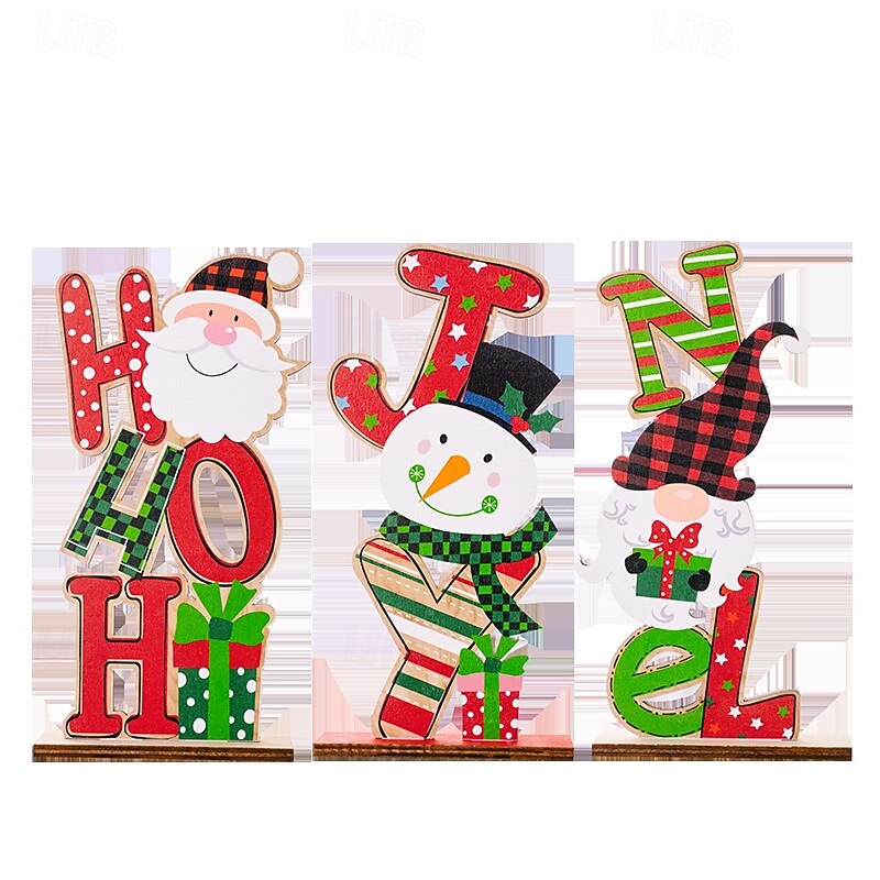 Christmas Wooden Figurines - Colorful Letter Ornaments, Snowman, Gnome, and Elderly Designs, Festive Wood Decor for Holiday Home Decoration3