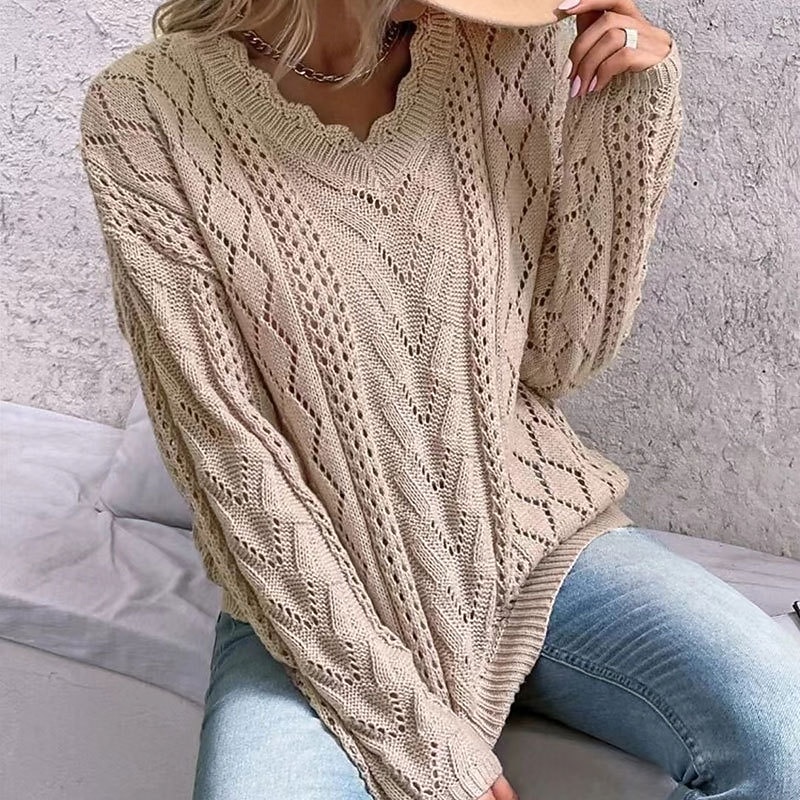 Women's Sweater Pullover Sweater Jumper Casual Geometric Crochet V Neck V Neck Long Sleeve Regular Tops Knit Outdoor Daily Weekend White Khaki Fall Winter2