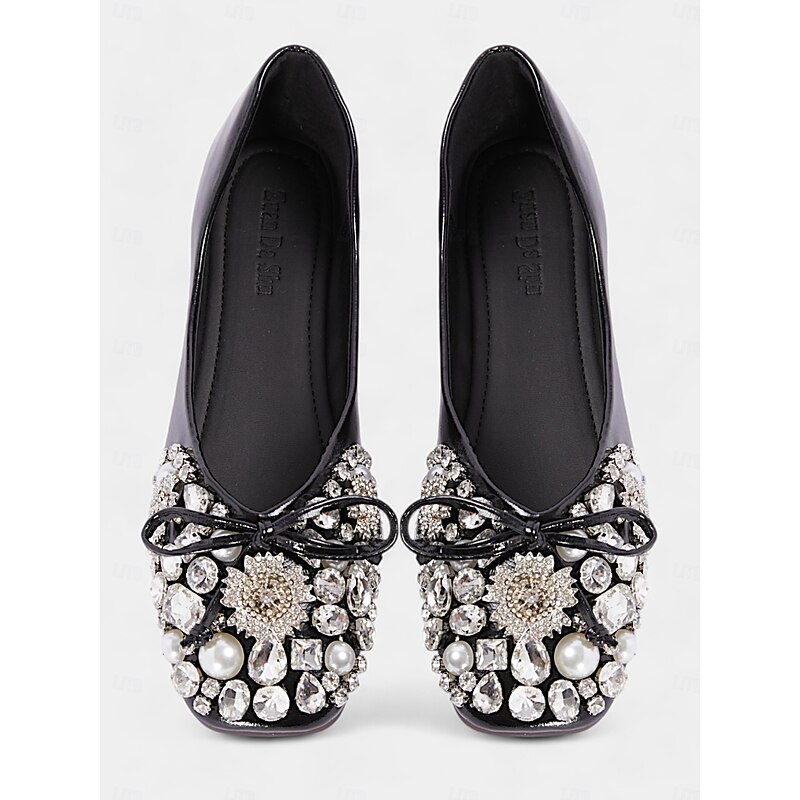 Women's Black Rhinestone and Pearl Embellished Ballet Flats with Bow Detail – Elegant Slip-On Shoes for Weddings and Special Occasions