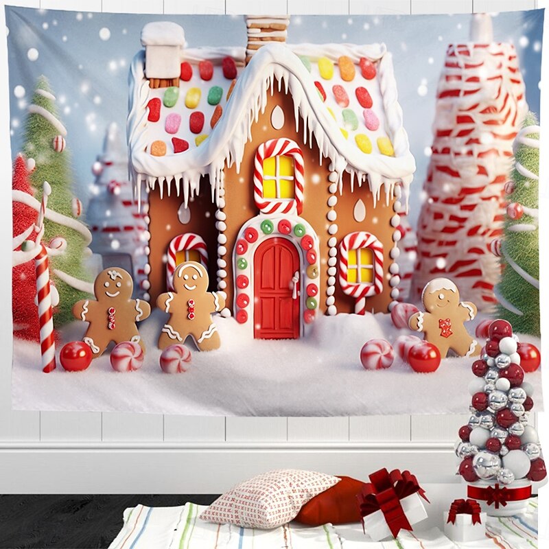 Christmas Decorations Hanging Tapestry Wall Art Xmas Gingerbread Candy Cane Large Tapestry Mural Decor Photograph Backdrop Blanket Curtain Home Bedroom Living Room 12