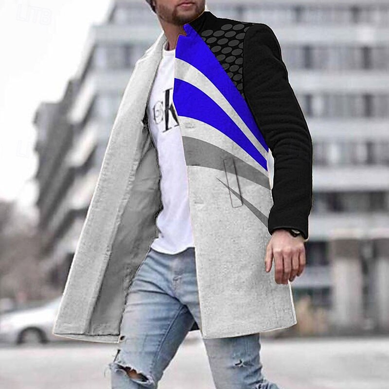 Men's Winter Coat Overcoat Coat Daily Wear Vacation With Pockets Print Front Pocket Fall & Winter Geometic Streetwear Sport Turndown Regular Yellow Red Blue Green Jacket3