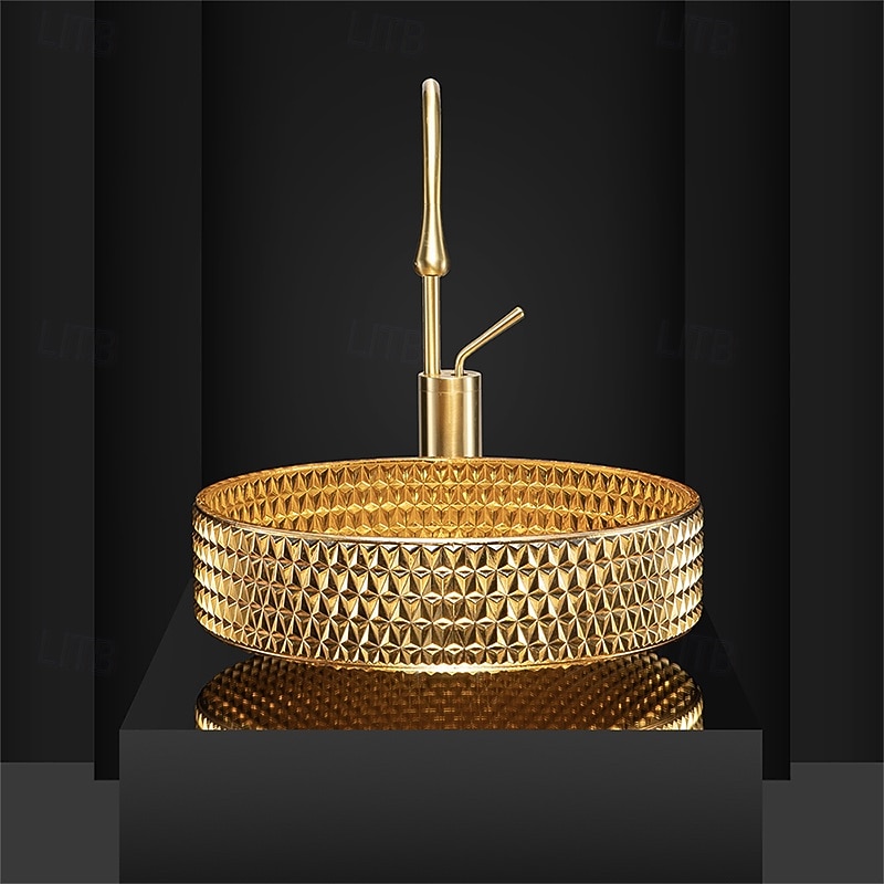 Bathroom Vessel Sink Round Contemporary Plating Glass Vessel Sink And Chrome Finish Waterfall Faucet Combo3