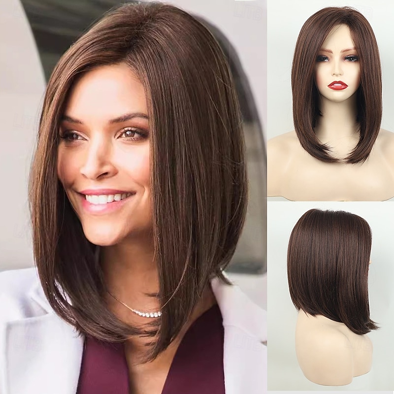 Synthetic Wig Straight Asymmetrical Wig Medium Length Brown Synthetic Hair Women's Fashionable Design Soft Natural Brown