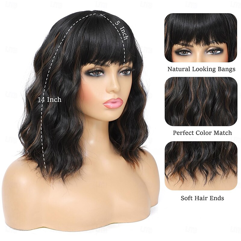 Short Bob Wig with Bangs for Women Natural Looking Heat Resistant Synthetic Fiber Curly Wavy Bob Wigs for Daily Party Use4