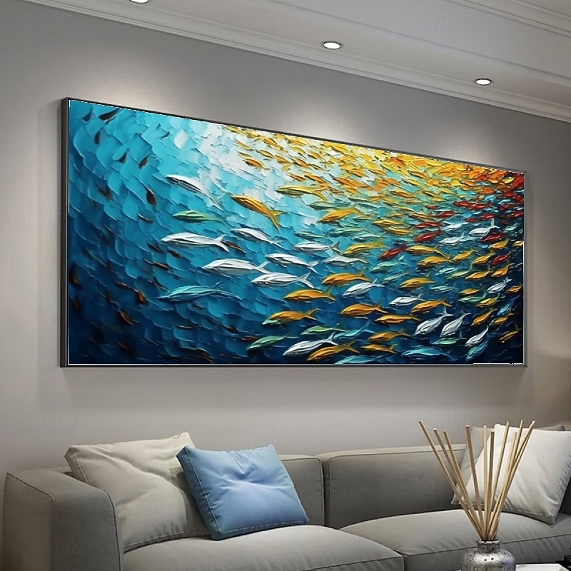 Handpainted Blue Ocean World Multicolored Tropical Fish oil painting handmade 3D fish Oil Painting Modern Marine Seascape painting Nature Decor Vertical Artwork Underwater Spectacle oil painting3