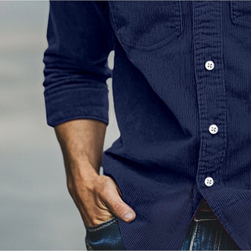 Men's Shirt Summer Shirt Button Up Shirt Corduroy Shirt Black White Navy Blue Long Sleeve Plain Turndown Casual Daily Button-Down Clothing Apparel Fashion Streetwear Classic3