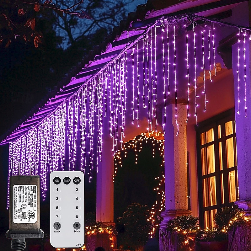 Outdoor Christmas Icicle Window Curtain Lights 6x1M-300LED Plug in 9 Colors Remote Control Window Wall Hanging Light Warm White RGB for Bedroom Party Garden Christmas Decorations 31V EU/US/AU/UK Plug
