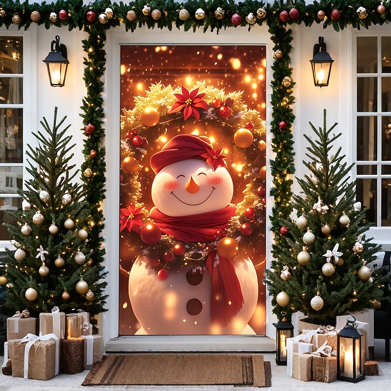 Christmas Door Decorations Door Covers Xmas Warm Snowman Door Tapestry Door Curtain Decoration Backdrop Door Banner for Front Door Farmhouse Holiday Party Decor Supplies Indoor/Outdoor4