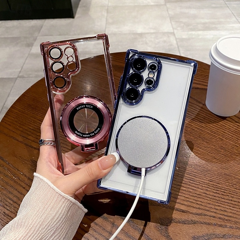 Phone Case For S25 S24 S23 S22 Plus  Ultra S23 FE Back Cover with Stand Holder Magnetic Support Wireless Charging Retro TPU PC3