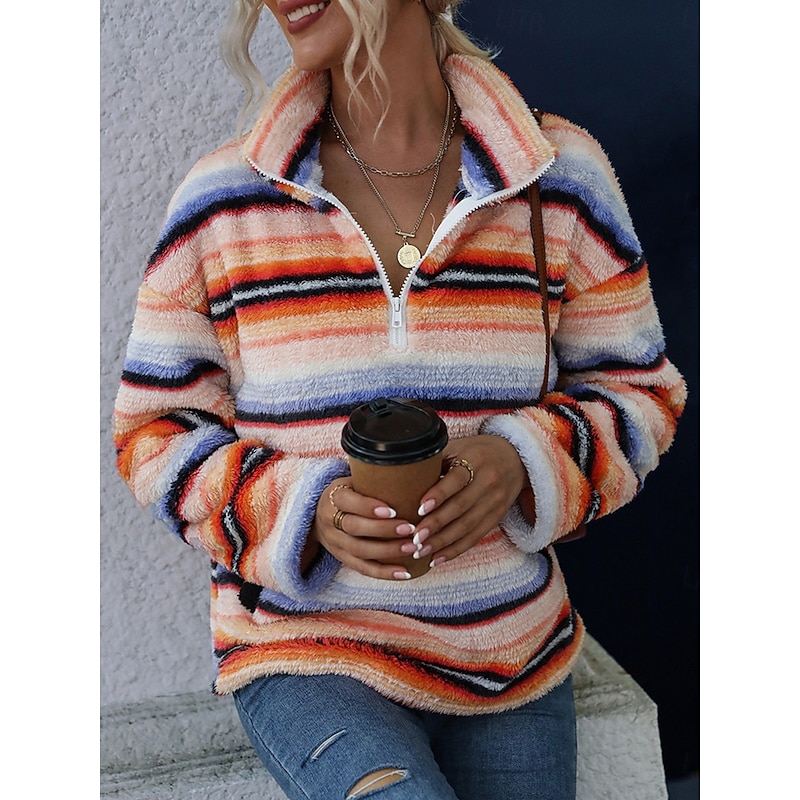 Women's Sweatshirt Casual Sherpa Striped Street Dailywear High Neck Zipper Pocket Print Long Sleeve Orange Fall Winter
