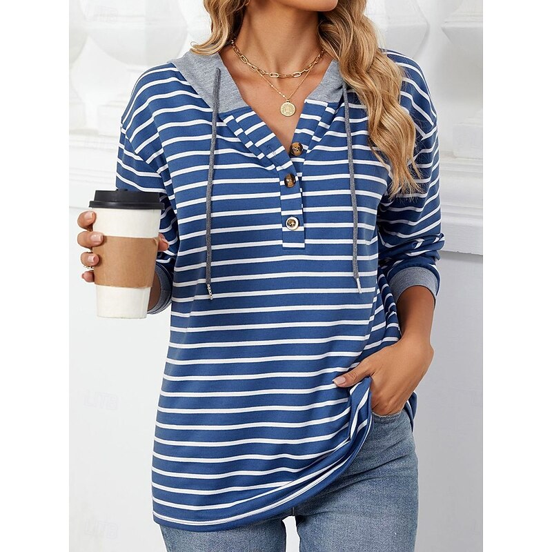 Women's Hoodie Sweatshirt Casual Striped Street Dailywear Hoodie Buttons Print Long Sleeve Navy Blue Green Fall Winter