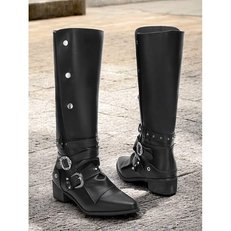 Women's Black Knee-High Boots with Buckle Straps and Studded Detailing – Gothic Style Motorcycle Boots for Casual and Party Wear3