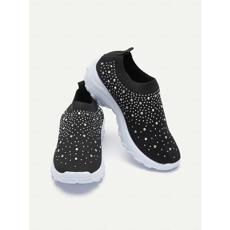 Women's Black Slip-On Sneakers with Rhinestone Embellishments and Chunky White Sole – Stylish and Comfortable Athletic Shoes for Casual Wear4