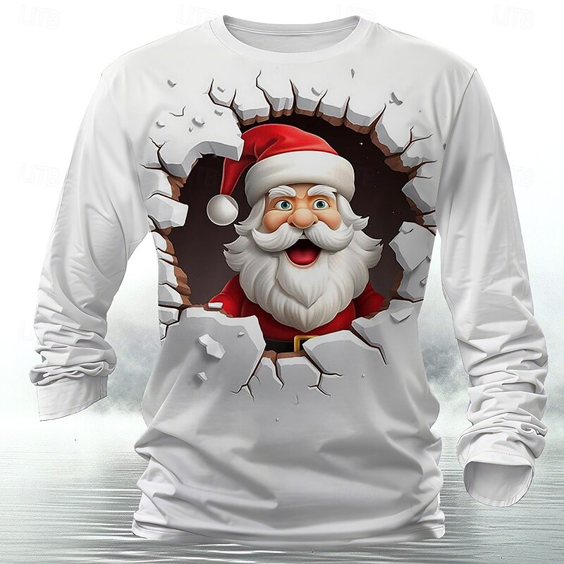 Christmas Men's Santa Claus T Shirt Long Sleeve T shirt 3D Print Crew Neck Shirt Casual Street Holiday White Yellow Red Summer Spring Fall Clothing Apparel S M L XL XXL XXXL