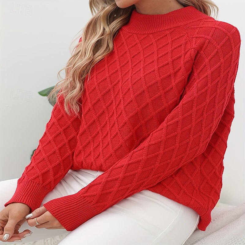 Women's Sweater Fashion Streetwear Daily Geometric Crew Neck Knitted Textured Long Sleeve Regular Tops Knit Work Black Red Fall Winter