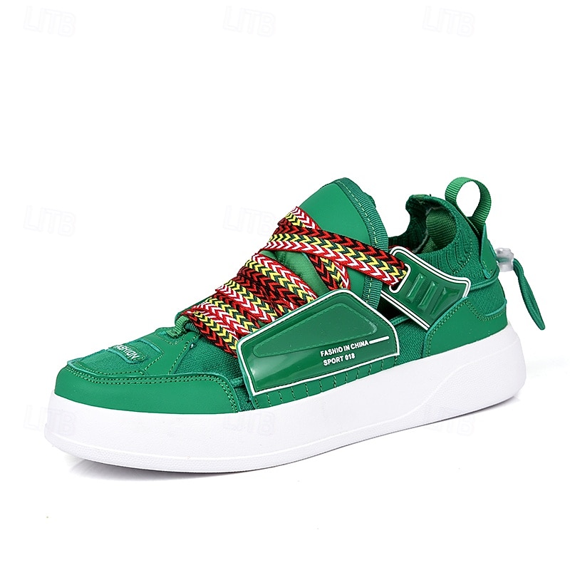 Men's Green High-Top Sneakers with Multicolor Laces and Velcro Strap – Stylish Casual Sport Shoes for Streetwear and Everyday Use3