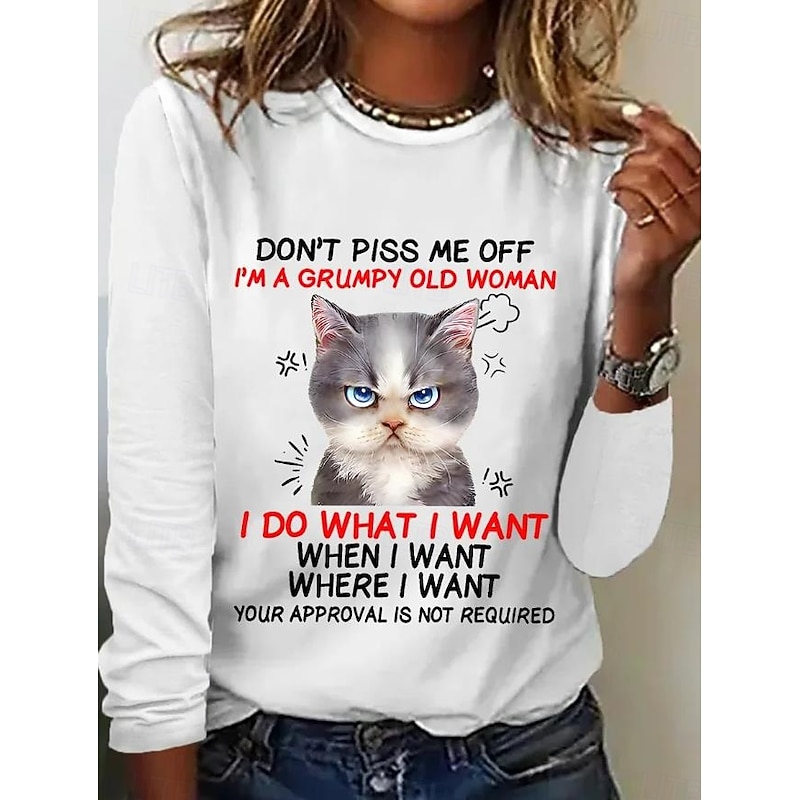 Women's 100% Cotton Tunic T Shirt Fashion Casual Print Long Sleeve Regular Tops Crew Neck Daily Black White Spring Fall