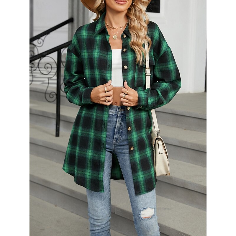 Women's Shirt Jacket Shacket Warm Breathable Buttons Pocket Print Casual Plaid Vacation Street Daily Wear Going out Single Breasted Regular Turndown Regular Fit Long Sleeve Outerwear Brown Green Fall 5