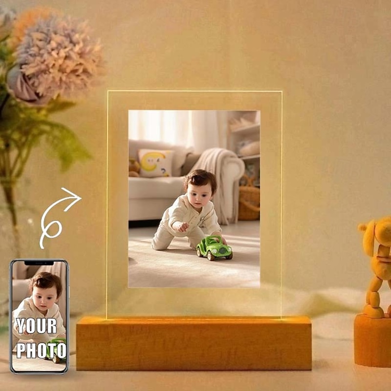 Personalized Light Up Photo Frame Custom Acrylic Night Light USB Powered Perfect for Valentine's Day Birthday Gift for Children Family Kids Friends and Lovers