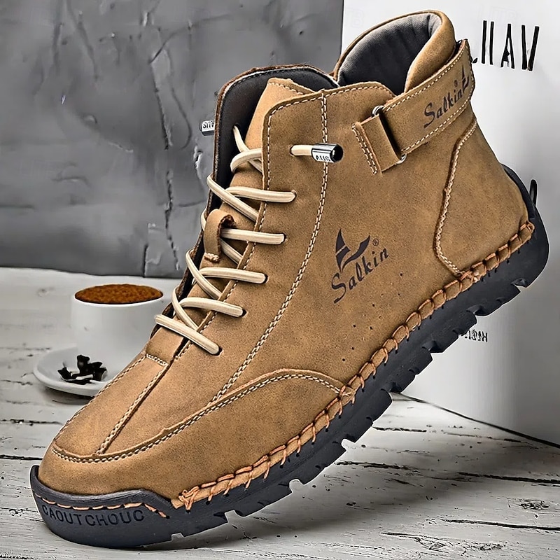 Men's Brown Faux Leather High-Top Ankle Boots – Handcrafted Stitching, Lace-Up Design with Velcro Strap, Rugged Non-Slip Sole for Outdoor Wear