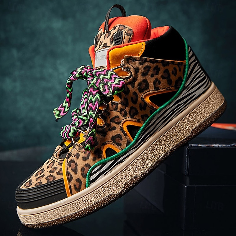 Men's Leopard Print High-Top Sneakers – Trendy Animal Pattern with Colorful Laces, Casual Streetwear Shoes for Urban Fashion