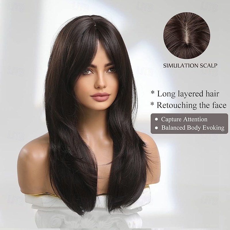 20 Inches Long Straight Dark Brown Layered Synthetic Hair Wigs with Bangs for Women Daily Party Use