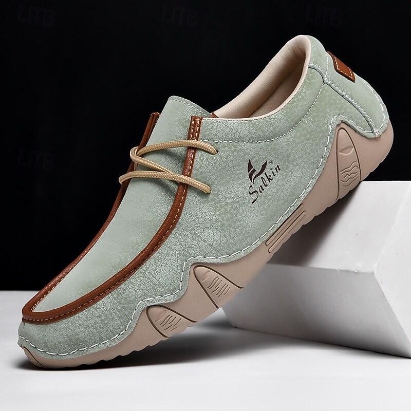 Men's Green Casual Faux Leather Loafers with Brown Accents and Hand-Stitched Detailing – Lightweight Slip-On Moccasin Shoes for Outdoor and Everyday Wear2