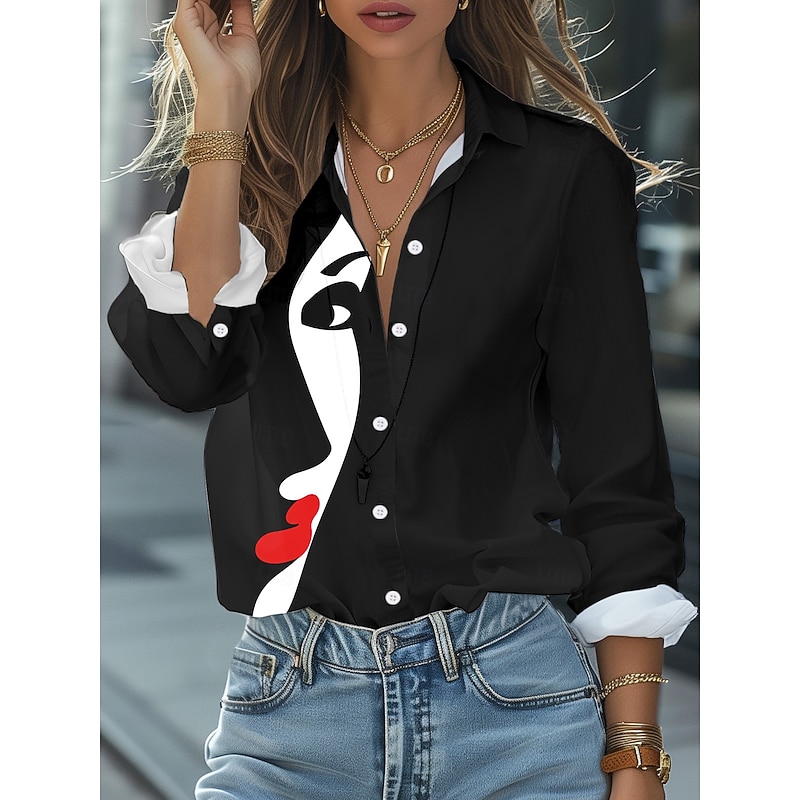 Women's Shirt Button Down Tunic Shirt Collar Long Sleeve Abstract Face Printed Casual Up Longline Shirt Fall Autumn