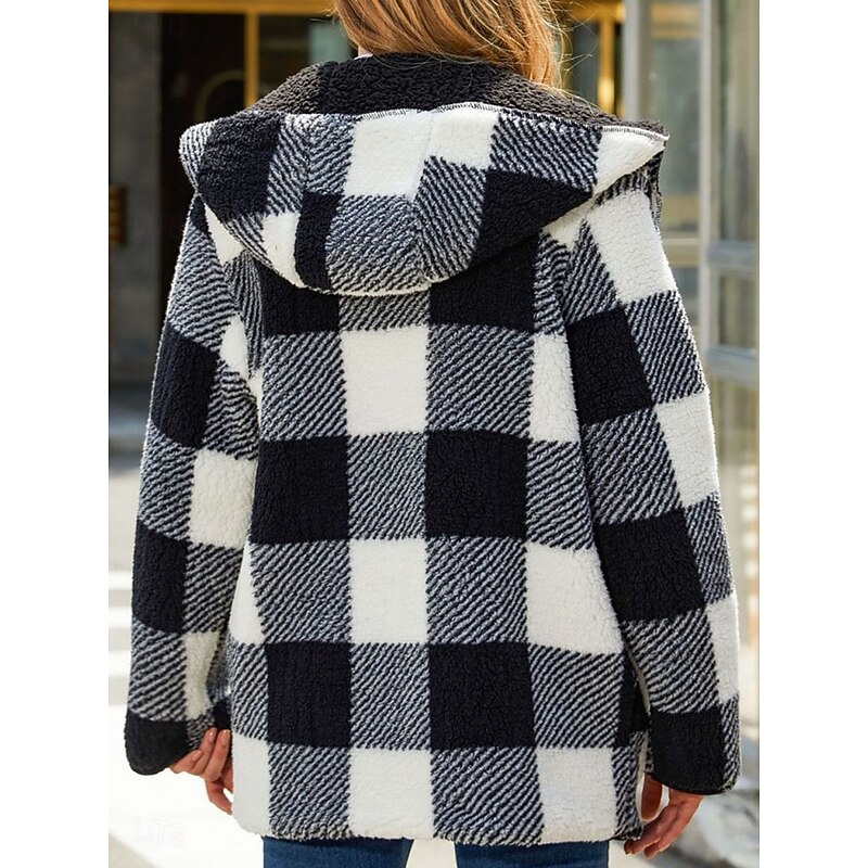 Women's Fleece Jacket Teddy Coat Hoodie Jacket Warm Breathable Pocket Fleece Lined Casual Plaid Vacation Street Daily Wear Going out Open Front Regular Hoodie Regular Fit Long Sleeve Outerwear Black2
