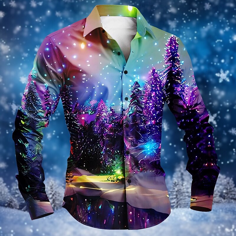 Men's Tree Snowflake Shirt Button Up Shirt Long Sleeve Fashion Casual Party Evening Wear Daily Fall Winter Spring & Summer Shirt Collar Button Up 3D Print Black Blue Purple Green Dark Blue
