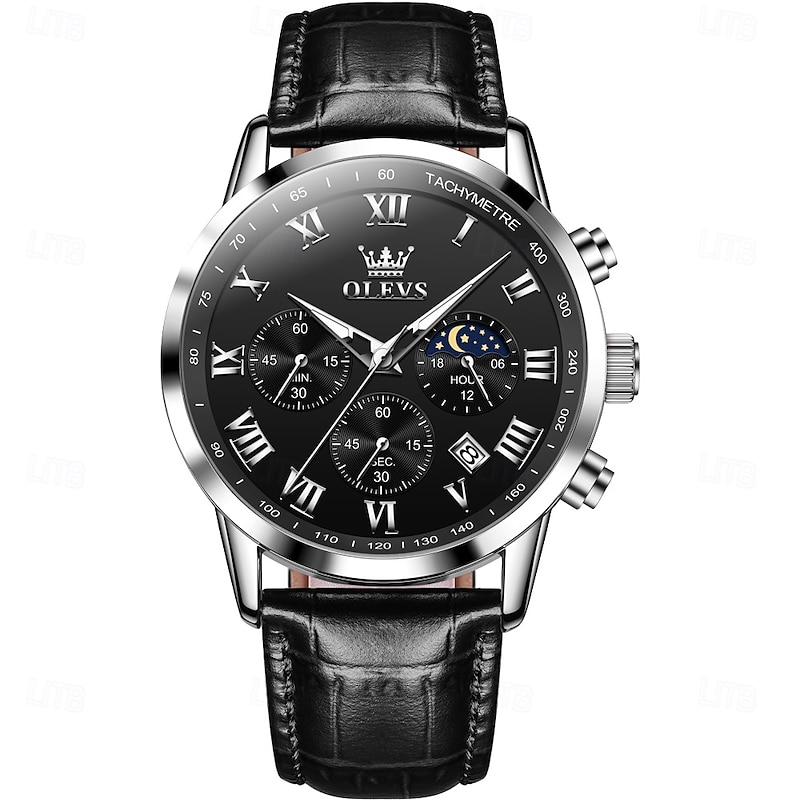 OLEVS Men Quartz Watch Outdoor Sports Fashion Wristwatch Moon phase Luminous Calendar Chronograph Leather Watch3