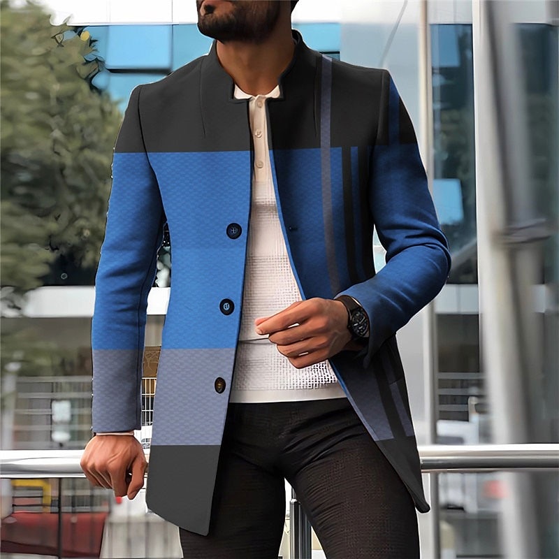 Men's Stripe Geometry Winter Coat Overcoat Coat Warm Comfortable Breathable Fashion Streetwear Business Work Wear to work Going out Pocket Print Fall & Winter Turndown Long Sleeve Red Blue Orange2