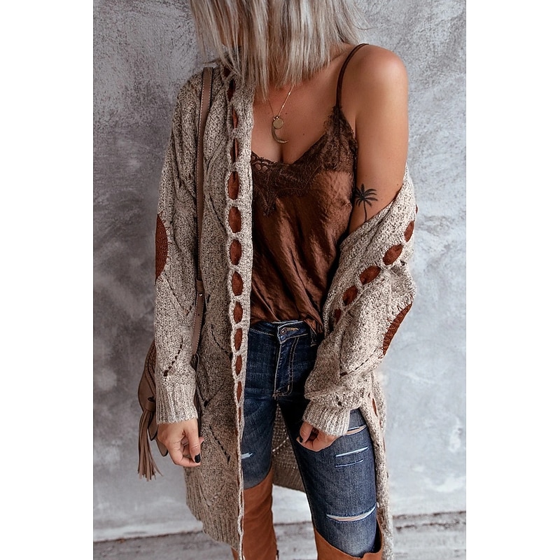 Women's Cardigan Vintage Streetwear Daily Geometric Cable Hooded Lace up Long Sleeve Long Tops Knit Work Holiday Going out Khaki Fall Winter3