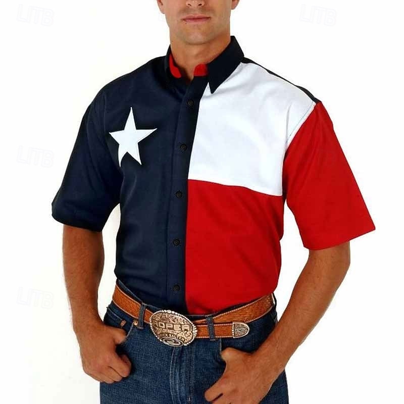 Men's American Flag Western Shirt Button Up Shirt Cowboy Shirt Short Sleeve Western Daily Summer Spring Turndown Collared Shirts 3D Print Front Pocket Navy Blue - Main Image