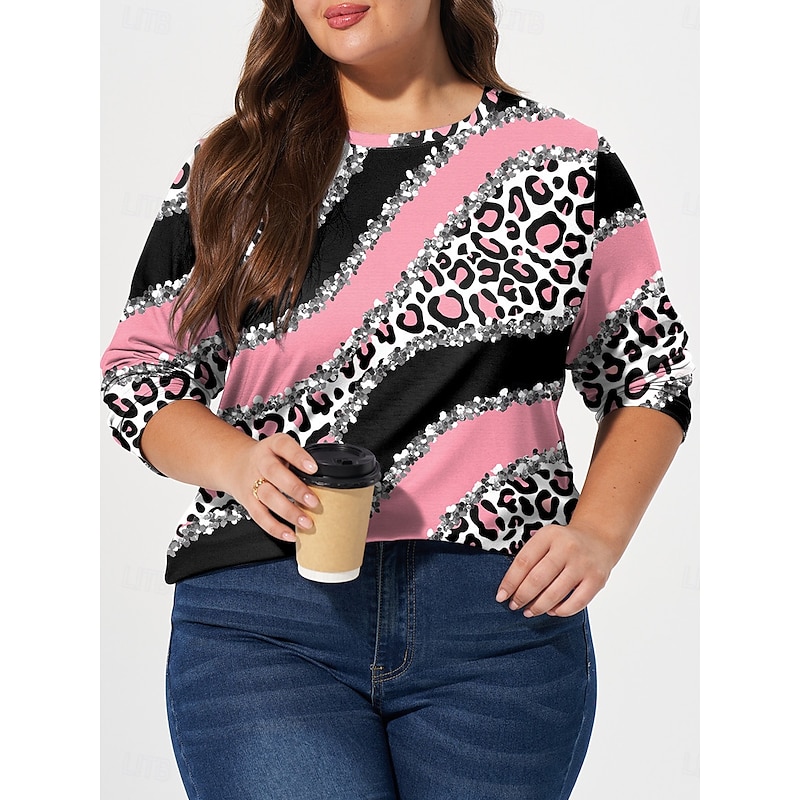 Women's Plus Size Tops T shirt Tee Leopard Color Block Print Long Sleeve Crew Neck Casual Daily Fall Winter Pink Prefall