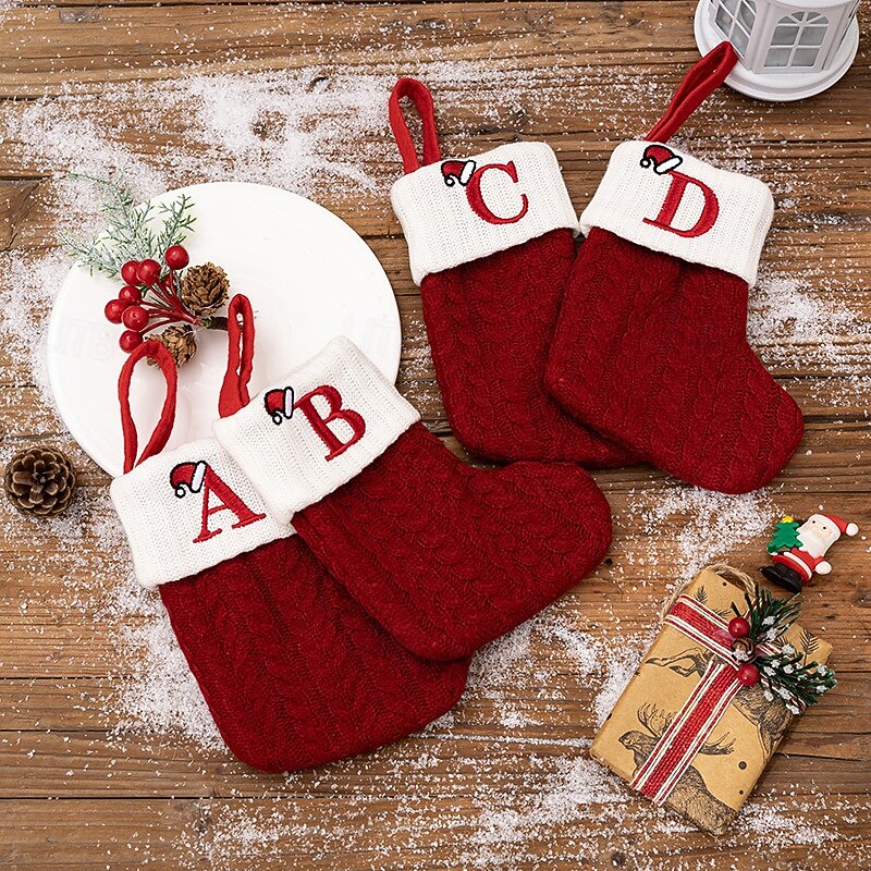 Personalized Christmas Stocking Decor, Custom Letter Christmas Decoration Xmas Party Red Knitted Socks with Embroidered Letter, Christmas Tree Hanging Ornaments3