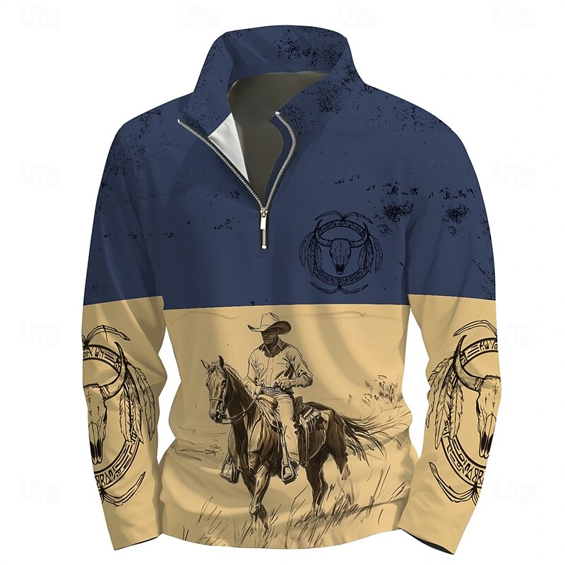 Men's Graphic Cowboy Hoodies Daily Casual Long Sleeve Stand Collar Vacation Going out Streetwear Blue Print Spring &  Fall Designer3