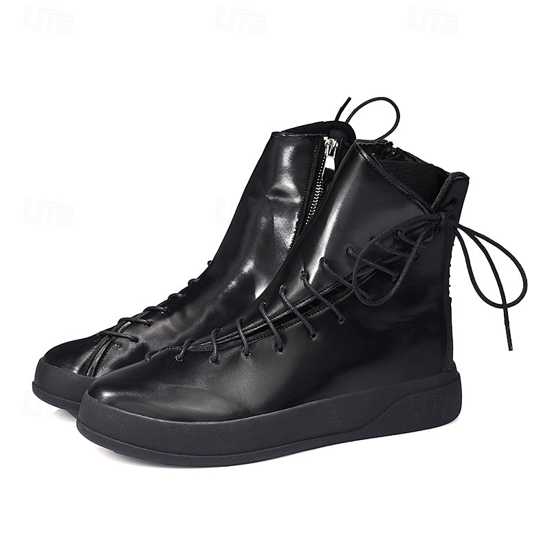 Men's Red Faux Leather High-Top Boots with Side Zipper and Lace-Up Design – Stylish Casual Footwear for Fall and Winter 27