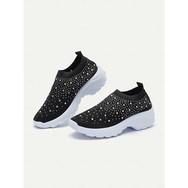 Women's Black Slip-On Sneakers with Rhinestone Embellishments and Chunky White Sole – Stylish and Comfortable Athletic Shoes for Casual Wear3