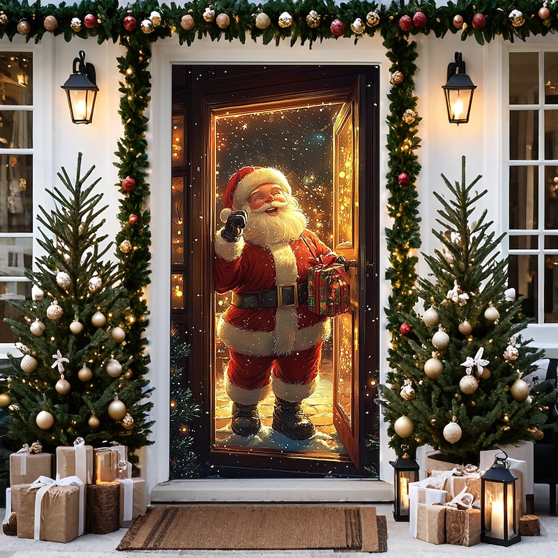 Christmas Door Decorations Door Covers Xmas Santa Deliver Gift Door Tapestry Door Curtain Decoration Backdrop Door Banner for Front Door Farmhouse Holiday Party Decor Supplies Indoor/Outdoor4