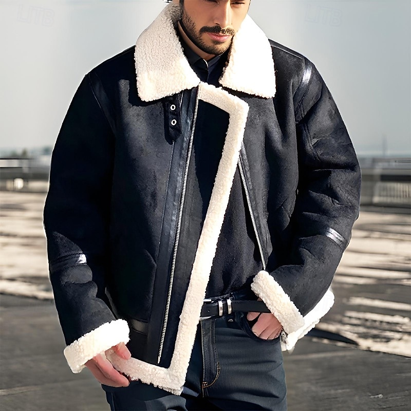 Men's Faux Leather Jacket Fleece Jacket Biker Jacket Motorcycle Jacket Daily Vacation Windproof Warm Pocket Fleece Fall & Winter Plain Fashion Classic Lapel Regular Black Jacket