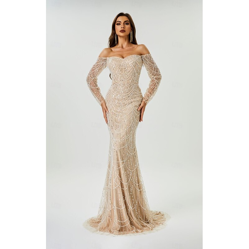 Mermaid Evening Gown Elegant Dress Evening Party Engagement Court Train Long Sleeve Off Shoulder Sequined with Beading Sequin2