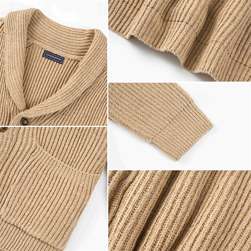 Men's Sweater Cardigan Sweater Dress Sweater Knit Knitted Solid Color Shawl Collar Stylish Vintage Style Daily Wear Clothing Apparel Fall Winter khaki M L XL3
