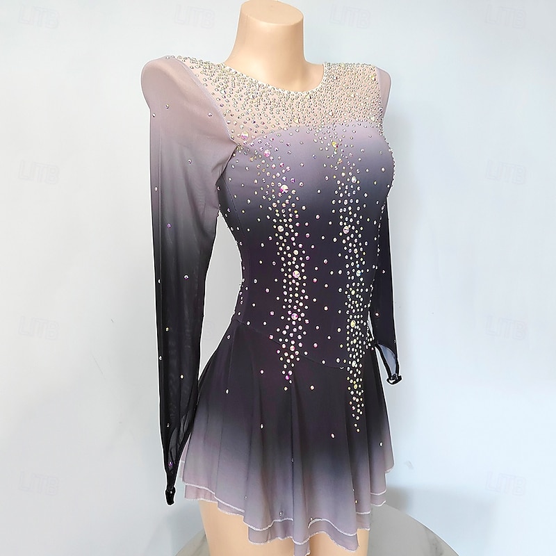 Figure Skating Dress Women's Girls' Ice Skating Dress Dark Purple Patchwork Mesh High Elasticity Training Competition Skating Wear Classic Crystal / Rhinestone Long Sleeve Ice Skating Figure Skating3