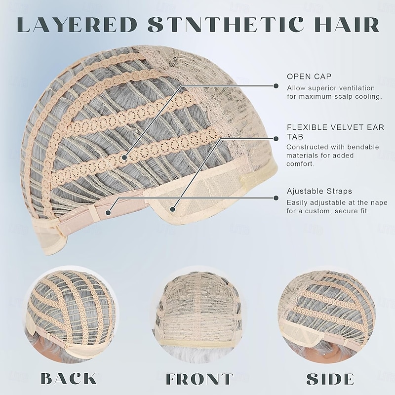 Short  Pixie Cut Layered Wig with Bangs for White Women Pixie Cut Curly Layered Wig Synthetic  Wig Pixie Cut Fluffy Gray Wigs for Women3